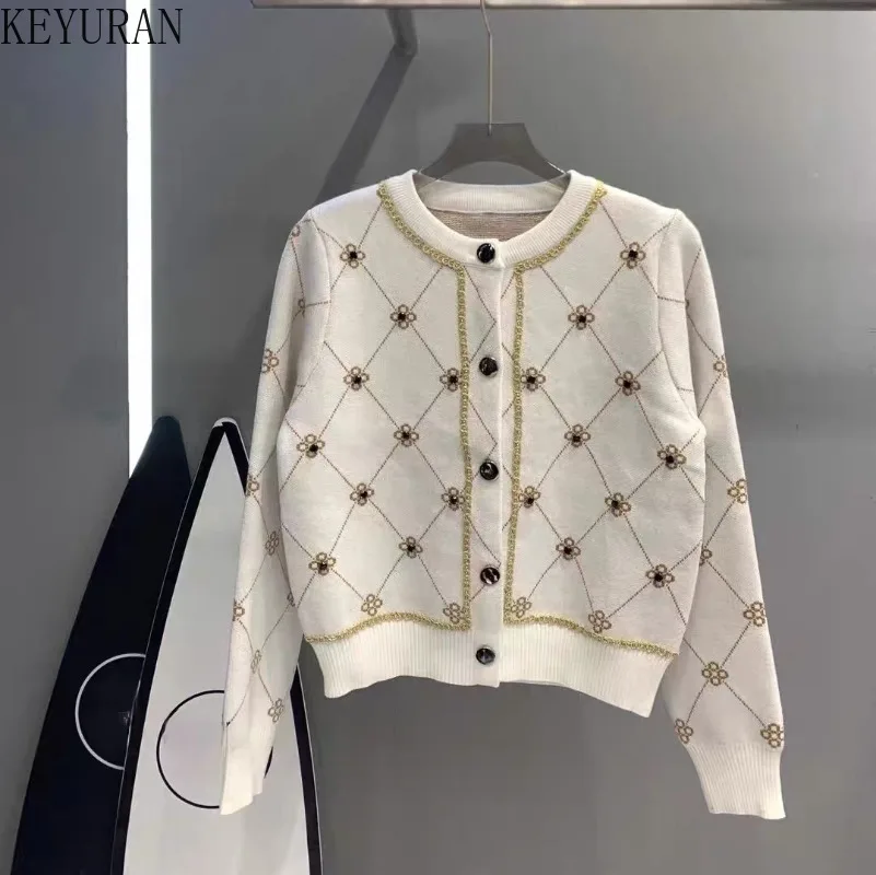 Diamonds Chain Argyle Knitted Cardigan Sweater Coat Women 2024 Autumn Winter Vintage Elegant Long Sleeve Outerwear Knitwear Tops