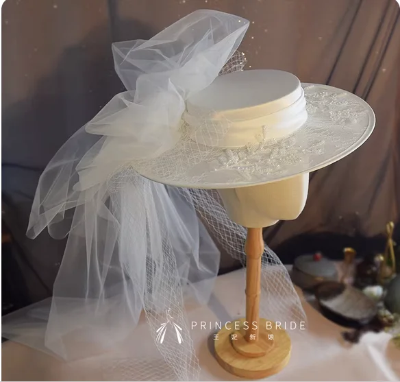 Princess bride elegant white lace gauze hat female veil jewelry studio photo sample location hair accessories