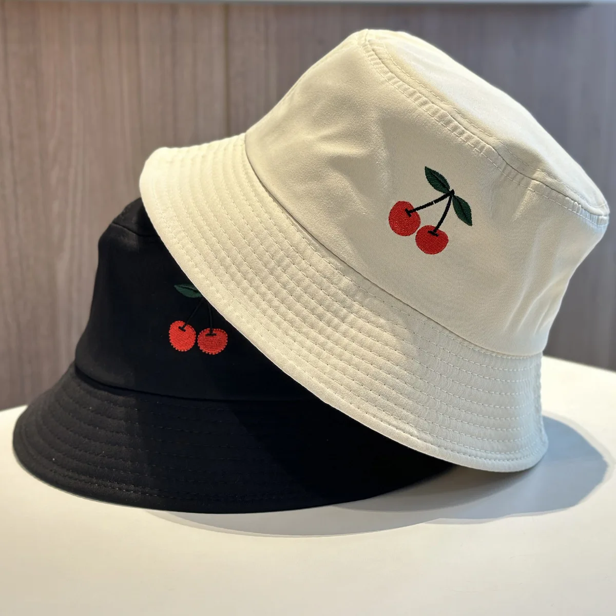 Bestickter Kirschmuster Unisex Sommer Bucket Hat Damen Einfarbiger Studenten Fischerhut Atmungsaktiver Outdoor Reise Sonnenschutz Geschenk