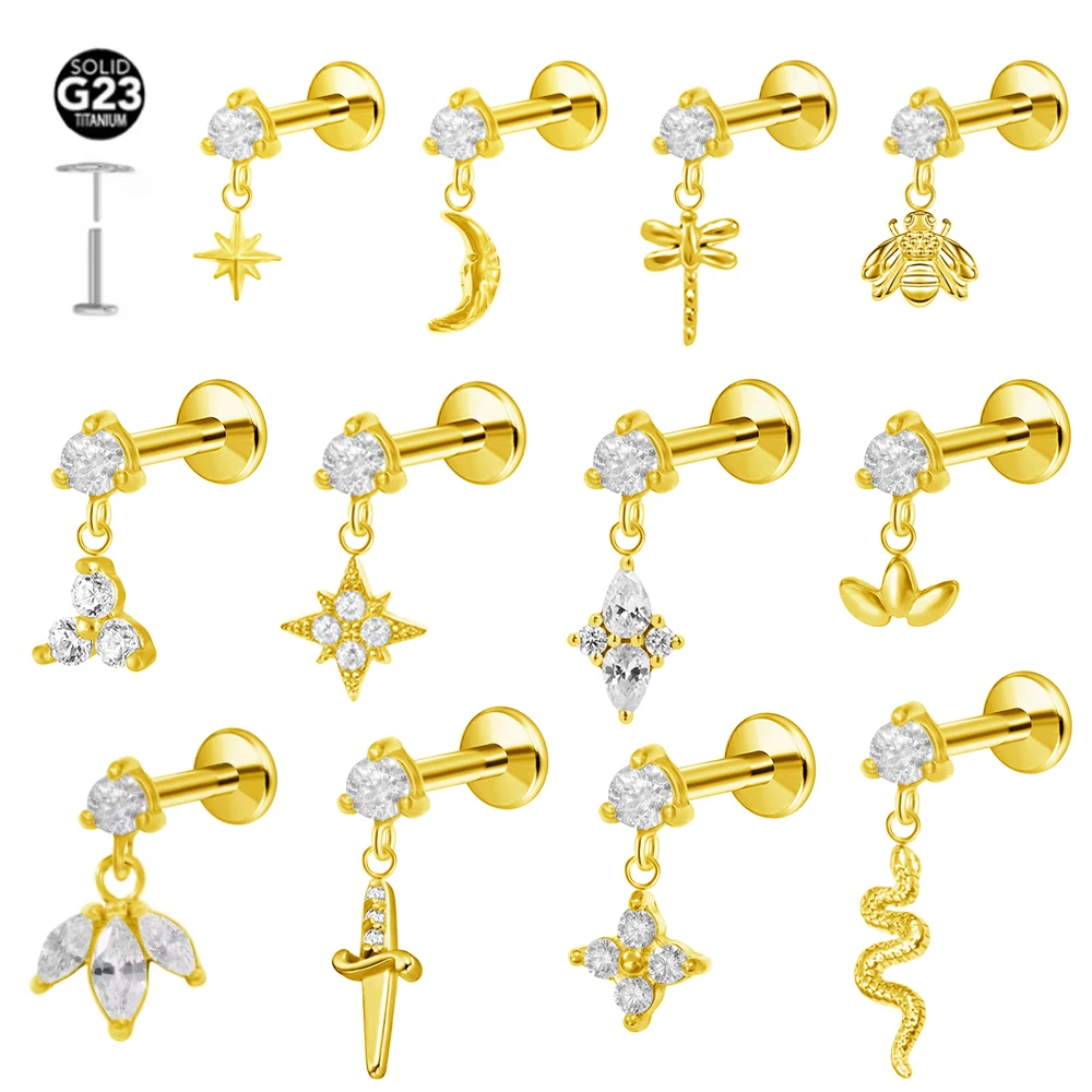 ASTM F136 G23 Titan Blumen Mond Stern Labret Piercing Push In Ohrringe Tragus Threadless Flat Back Piercing Körperschmuck