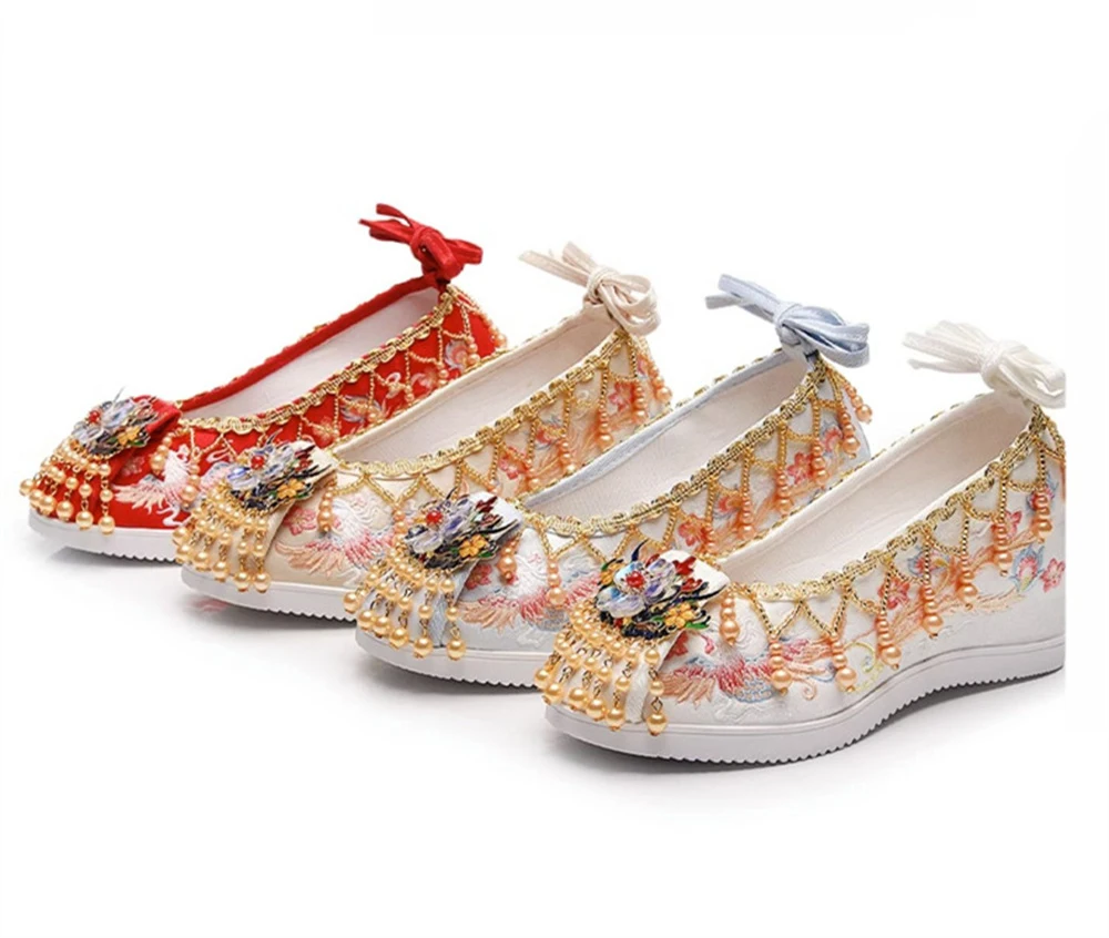 Bridal Antique Wedding Hanfu Shoes Women's Ancient Chinese Traditional Embroidered Pearl Tassel Wedge-heeled Lace-up Shoes Gift