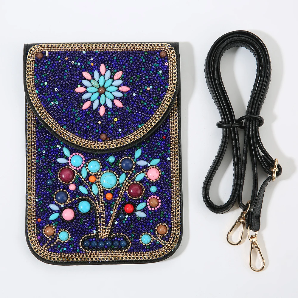 black tree Xmas embroidered bohemian bag  Women Handmade Beaded Tree Floral Pattern Phone Pouch crochet boho crossbody