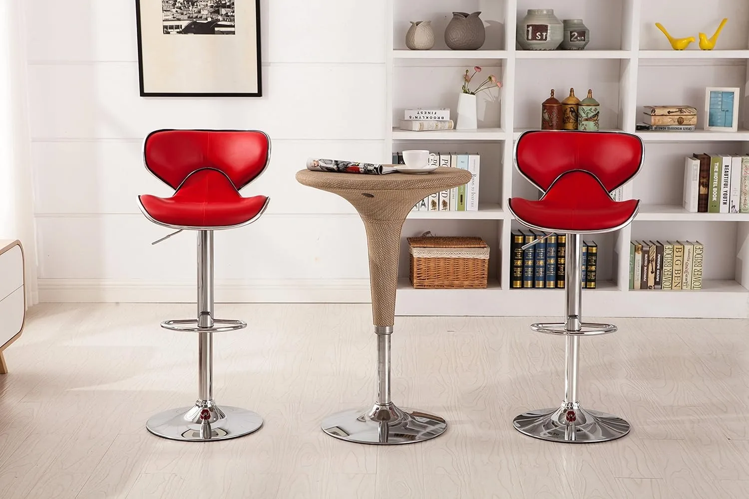 Roundhill Furniture Masaccio Cushioned Leatherette Upholstery Airlift Adjustable Swivel Barstool with Chrome Base, Set of 2, Red