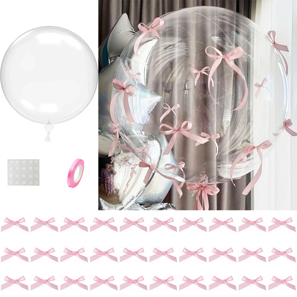 34 Uds. Conjunto de Globos Bobo con lazo, Globos Bobo transparentes, Mini lazos de cinta rosa, Globos de decoración para fiesta de cumpleaños para niñas, boda y Baby Shower