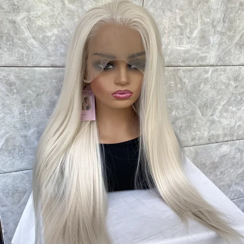 Imagen 2 del producto Fashiomag peluca sintética larga recta rubia pálida con encaje frontal fibra Natural suave resistente al calor para mujeres uso diario fiesta chica