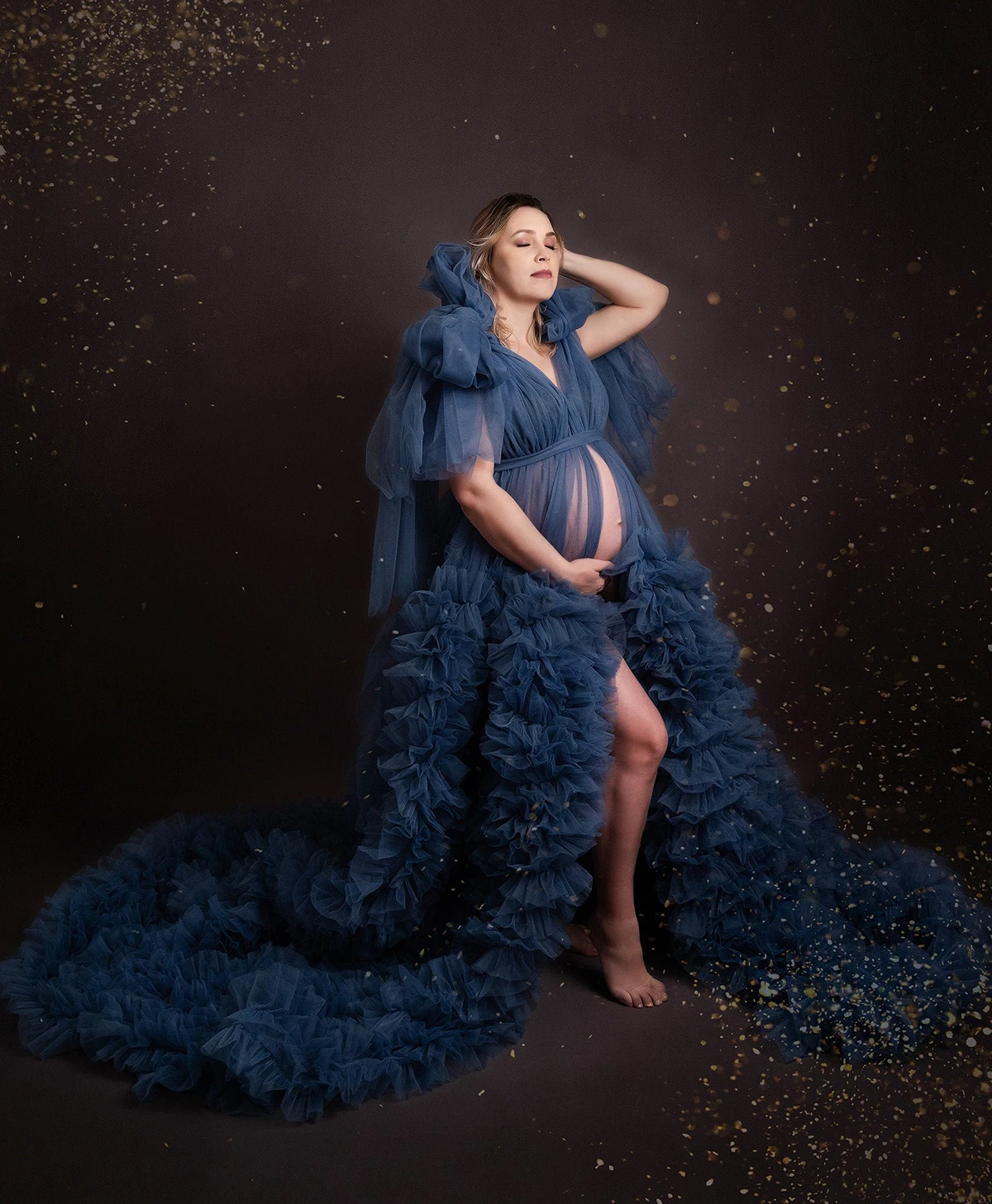 Unique Navy Fluffy Prom Dresses for Photo Shoot or Baby Shower Customized Sexy V Neck High Split Maternity Robe Photoshoot Gown