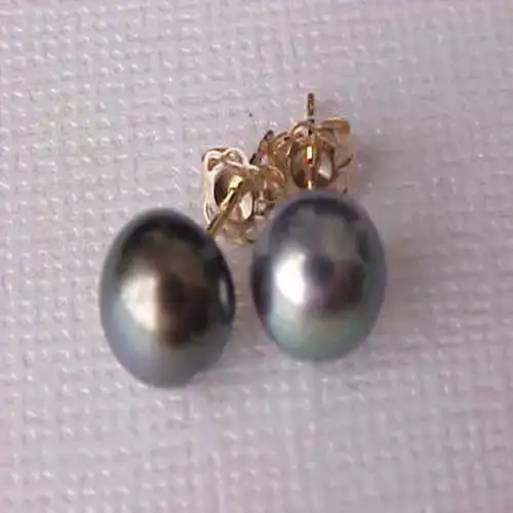 Amazing AAA Tahiti 9-10mm Black Green Pearl Earrings 14k Gold