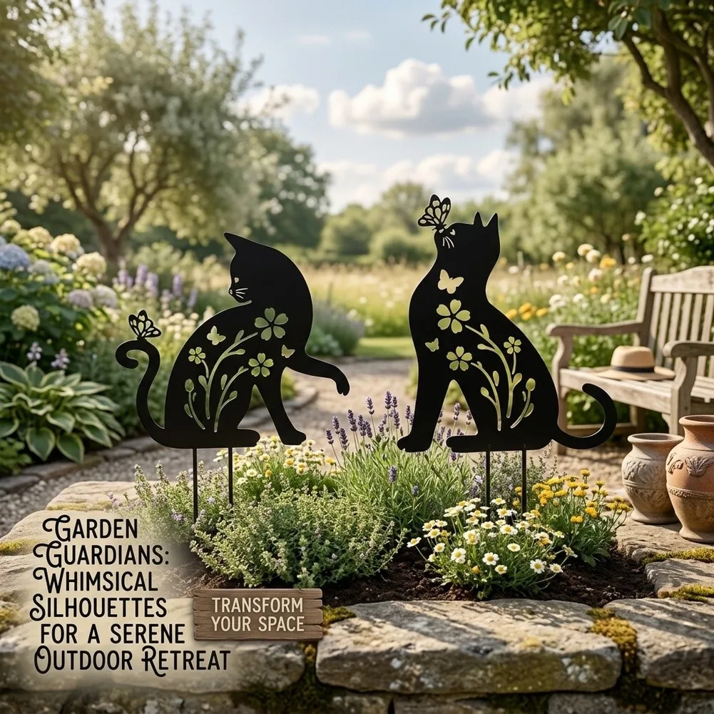 Galvanized Steel Cat Yard Stake - Black Cat Silhouette Outdoor Garden Ornament Set for Lawn and Flower Bed Use