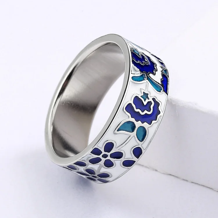 925 Silver Exquisite New Women\'s for Ring Blue Enamel Flower Ring Fashion Handmade Enamel Jewelry Wedding Bridal Ring