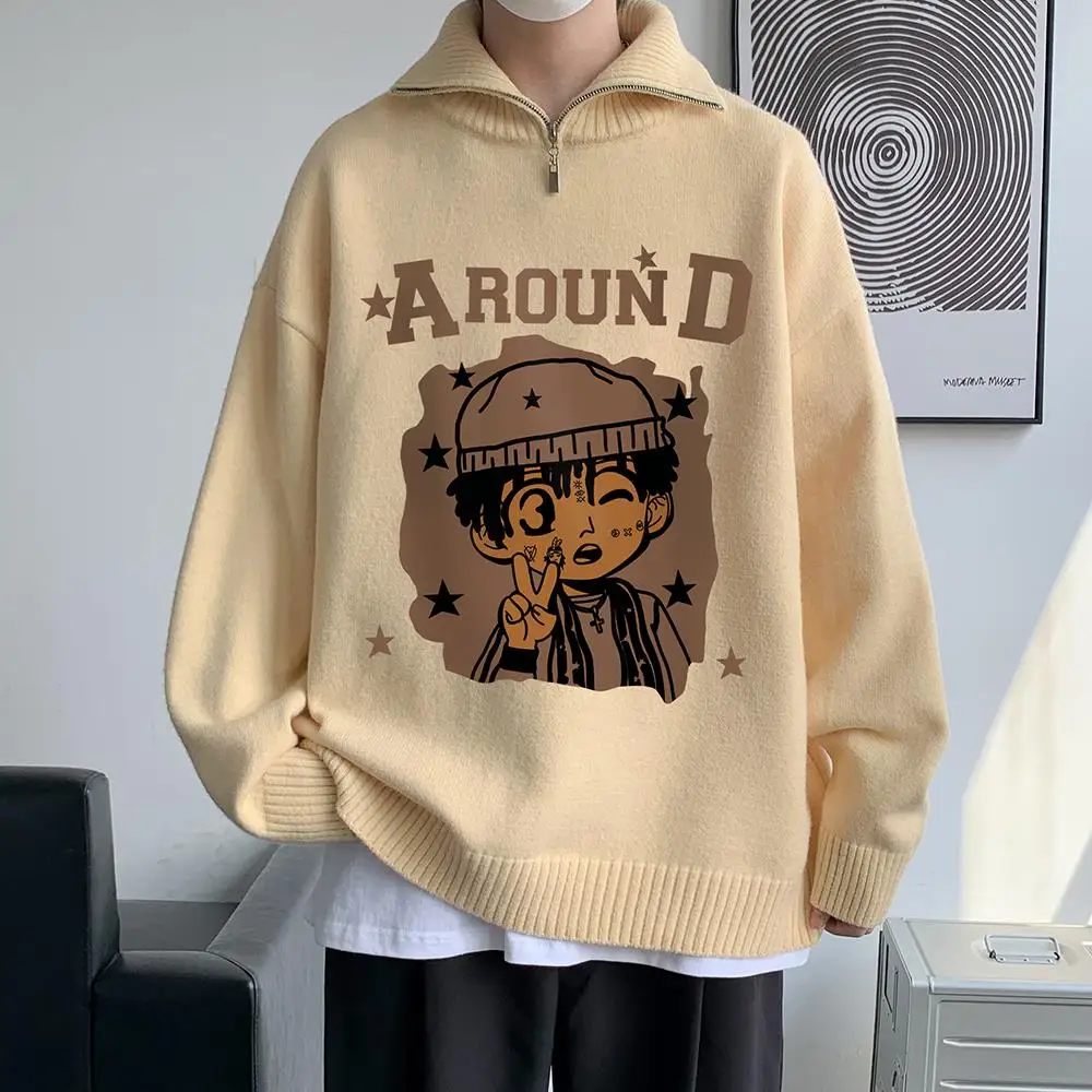 Vintage Knitted Front Half Zip Sweaters Men Cartoon Print Y2K Streetwear Autumn Harajuku Turn Down Colar Retro Casual Sweaters