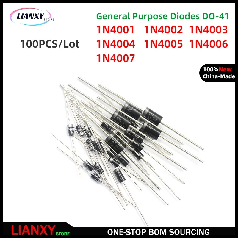 100pcs DO-41 1N4001 1N4002 1N4003 1N4004 1N4005 1N4006 1N4007 kit General Purpose Diodes