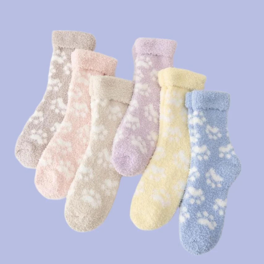 2/6 Pairs Thick Warm Floor Socks Cat's Paw Women's Socks Autumn and Winter New Medium Tube Coral Fleece Women's Socks