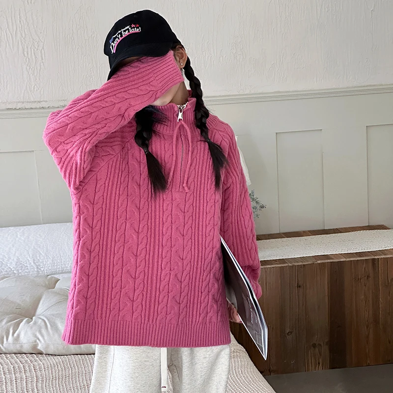 

New Kids Designer Turtleneck Cable Knit Sweater with Zipper for Teenage Girl Rose Red High Neck Knitwear Half-Lock Knitted Tops