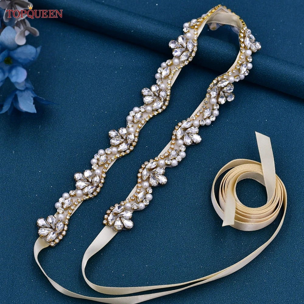 TOPQUEEN S421-G Bridal Belt Luxury Gold Decoration Applique Bride Women Wedding Party Evening Gown Dresses Handmade Beaded Sash