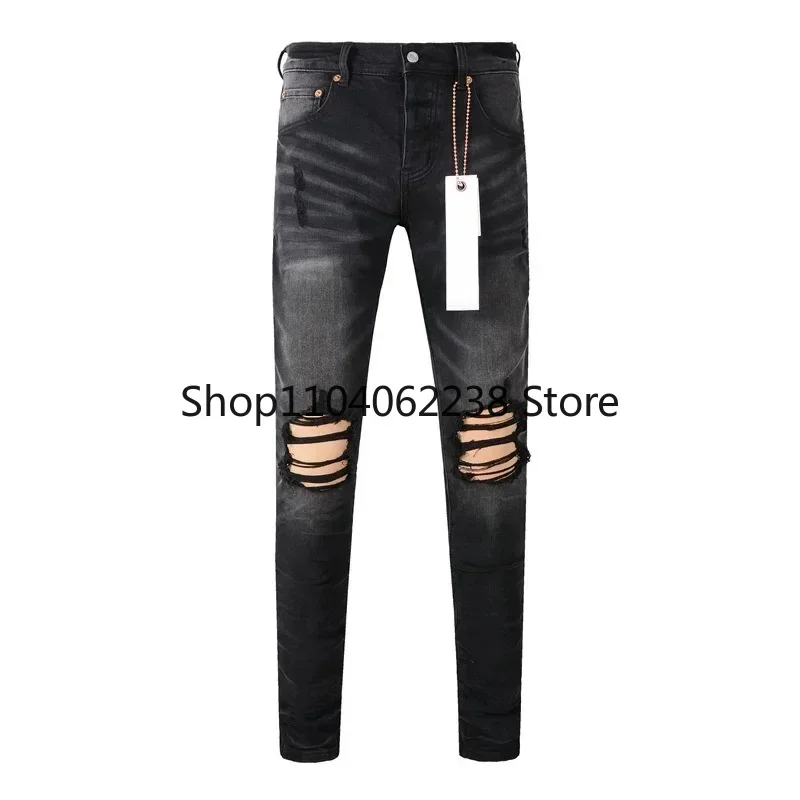 Purples Jeans Men Fashion high quality High Street Black brands Hole Repair Low Rise Skinny Denim pants