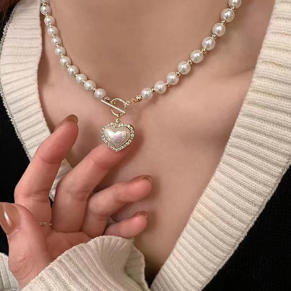 하트 모조 진주 펜던트 목걸이 빈티지 우아한 페르시 쇄골 체인 날짜 웨딩 파티 쥬얼리 여성용 선물