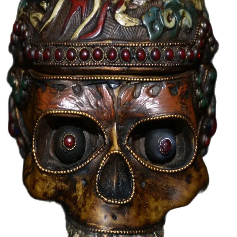 Old Tibetan Bone Inlay Silver Gems  Skull Head Lid Statue