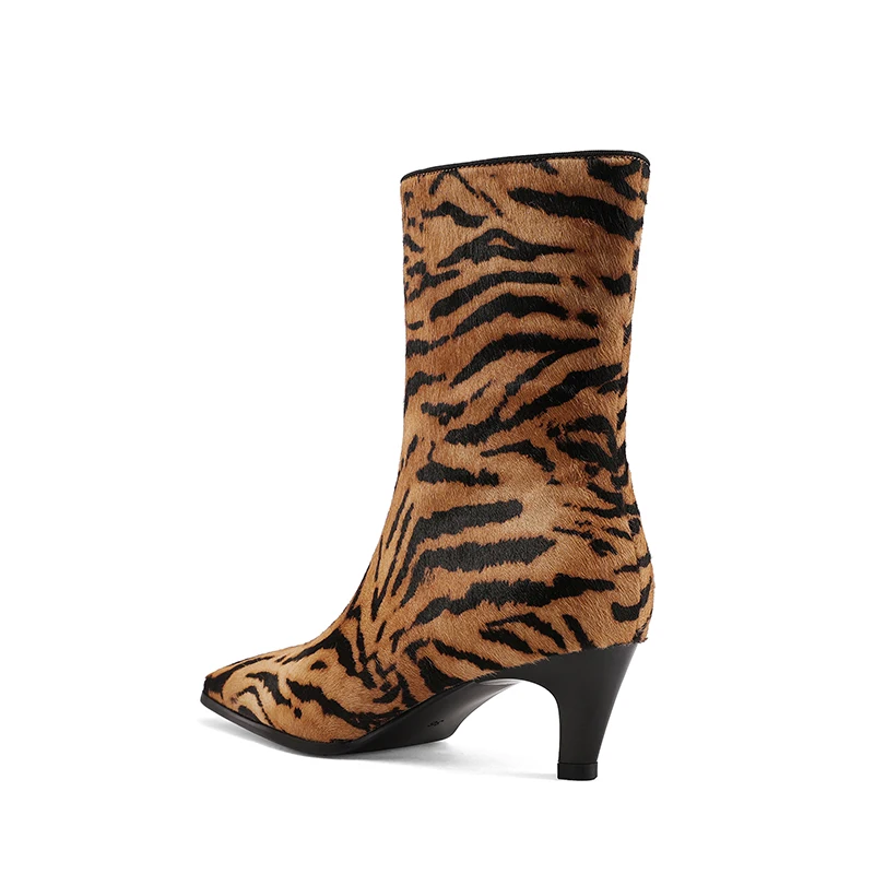 Women's Leopard Horsehair Ankle Boots with Chunky Heels, Square Toe