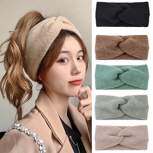 ¡Gran venta! Diademas para el cabello de Color sólido para mujer y niña, diademas tejidas de lana, turbante cruzado, diademas más cálidas para las orejas, accesorios para el cabello