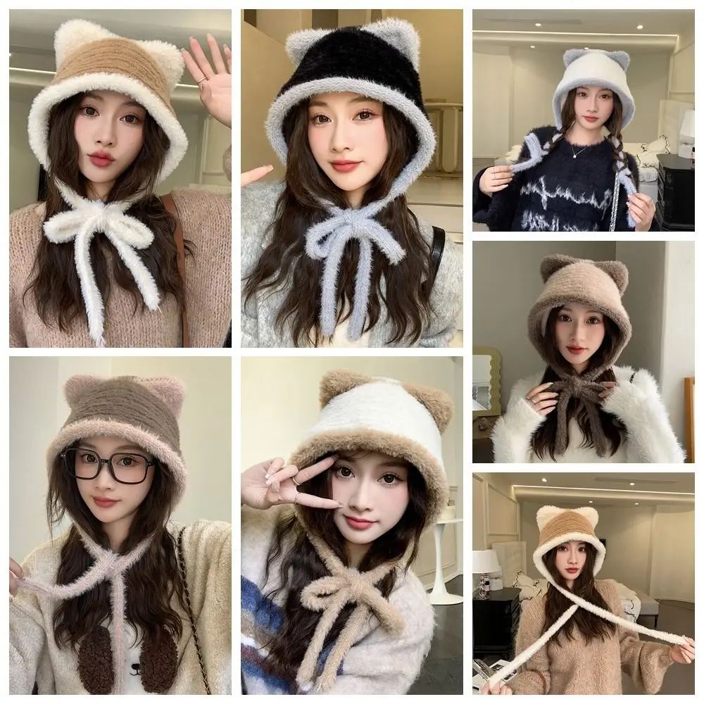 Fashion Korean Style Cute Cat Ear Hat Warm Plush Faux Fur Bucket Hat Casual Ear Protection Women Fluffy Hats Outdoor