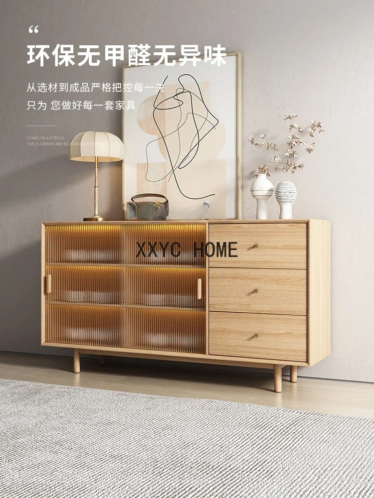 Credenza in vetro con luce in legno massello Mobiletto da ingresso moderno e minimalista Mobiletto da tè silenzioso con vento