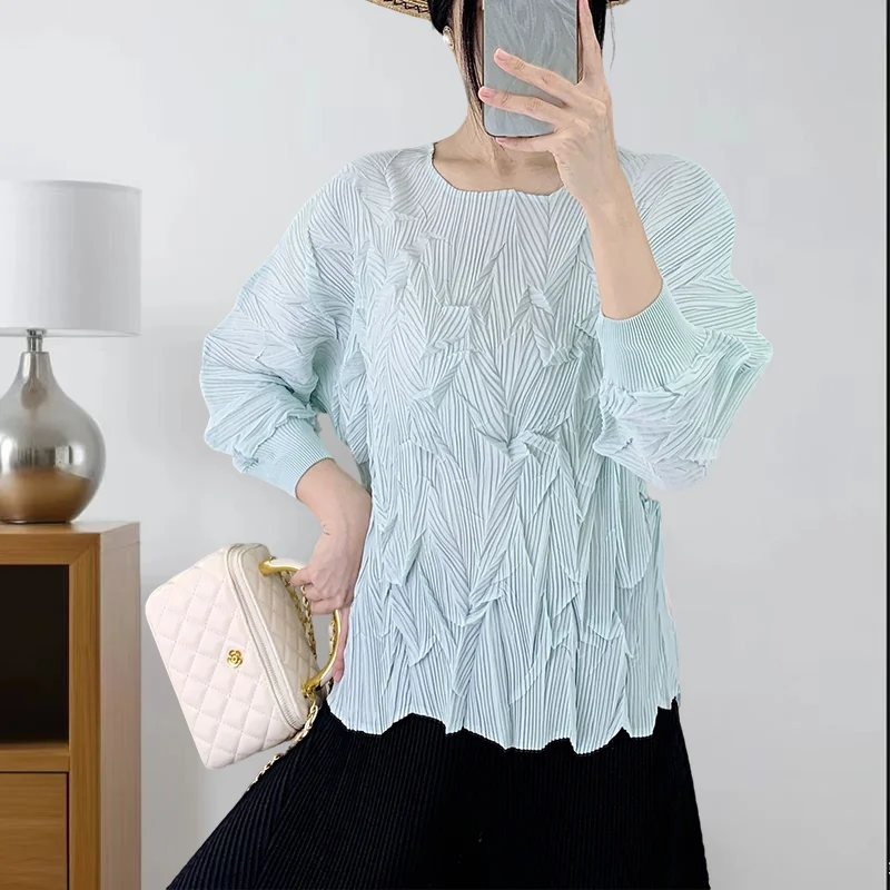 

Miyake плиссированная простая женская футболка 2025, свободная повседневная универсальная однотонная повседневная блузка с рукавами семь минут, новинка