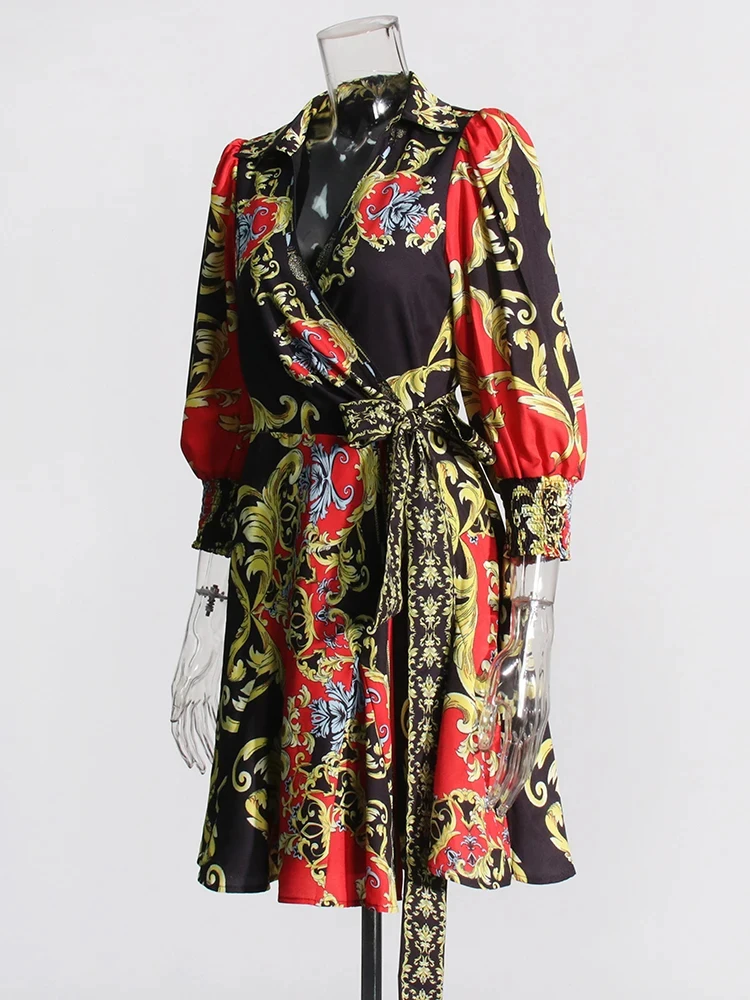 CHICEVER-minivestido con estampado Vintage para mujer, ropa elegante con cuello en V, manga farol, cintura alta, Patchwork, con cordones, nuevo