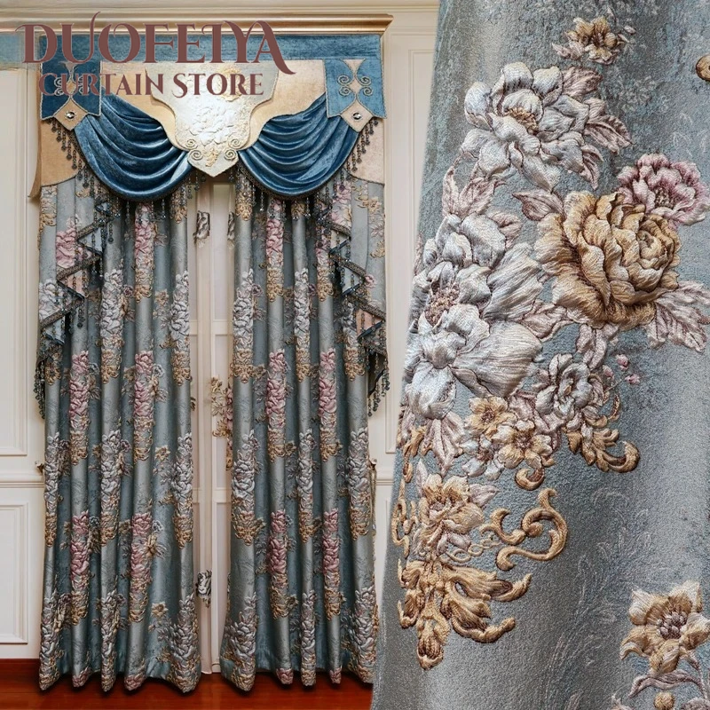 European Royal Luxury High Quality Blue Blackout Curtains For Living Room Window Curtain Bedroom Hotel 4D Embossed Jacquard