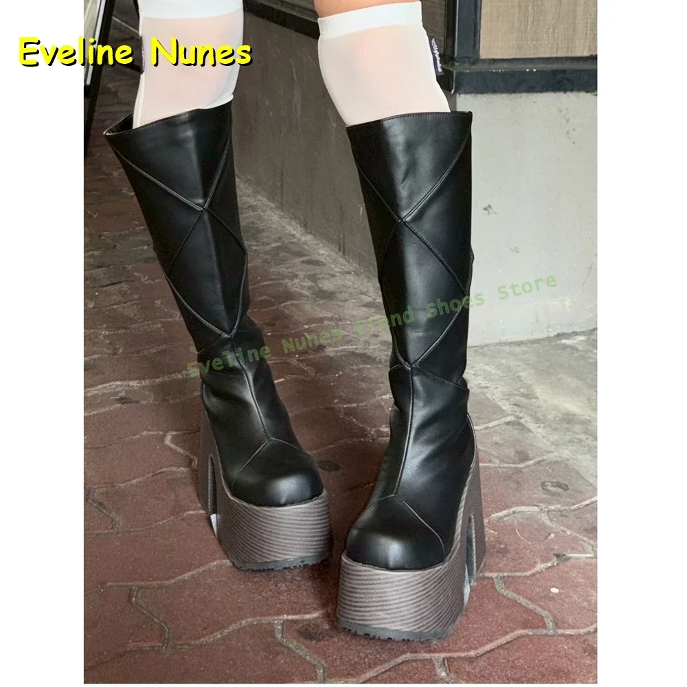 Diamond Grid Platform Knee High Boots Round Toe Height Increase Zipper Closure Women Sleek Modern Booties 2025 New Style Shoes
