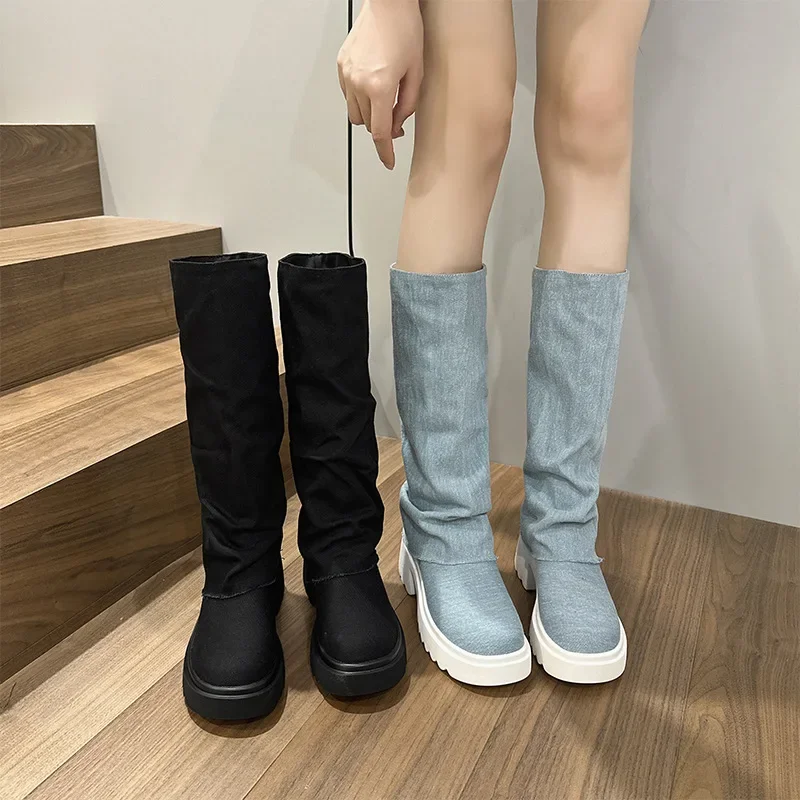 Fujin 6cm Denim Synthetic Platform Wedge Ankle Knee Autumn High Booties Fashion Round Toe Hollow ZIP Leisure Spring Women Shoes