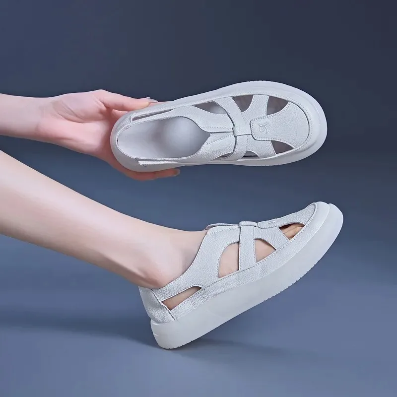 Women's Leather Sandals Breathable Hollow Out Platform Sandals Comfortable Non-slip Casual Walking Shoes for Ladies 2026 Summer view 3