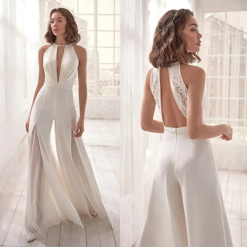 

2020 Best Quality Famous Brand Jumpsuits White O-neck Sleeveless High Splice Elegant Summer Bodycon Rompers