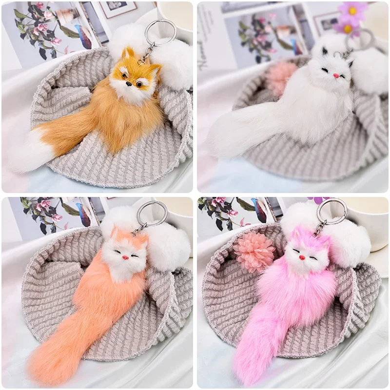 Cute Fluffy Animal Key Chains Faux Fur Fox Keychain Cartoon Plush Pomom Pendant for Car Bag Key Ring Holder Women Charm Jewelry