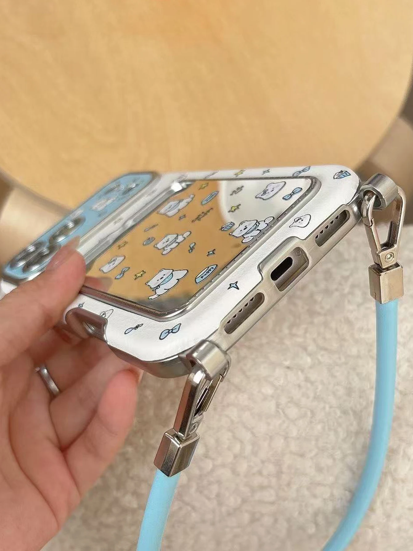 Cute Puppy Mirror Card Holder Phone Case With Wrist Strap For iPhone 16 15 14 13 12 11 Pro Max Kawaii Protective Cover view 5