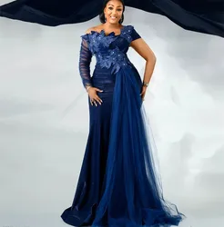 2024 Oct Aso Ebi Arabic Navy Blue Mermaid Mother Of Bride Dresses Crystals Lace Evening Prom Mother Of Groom Gowns Dress ZJ307