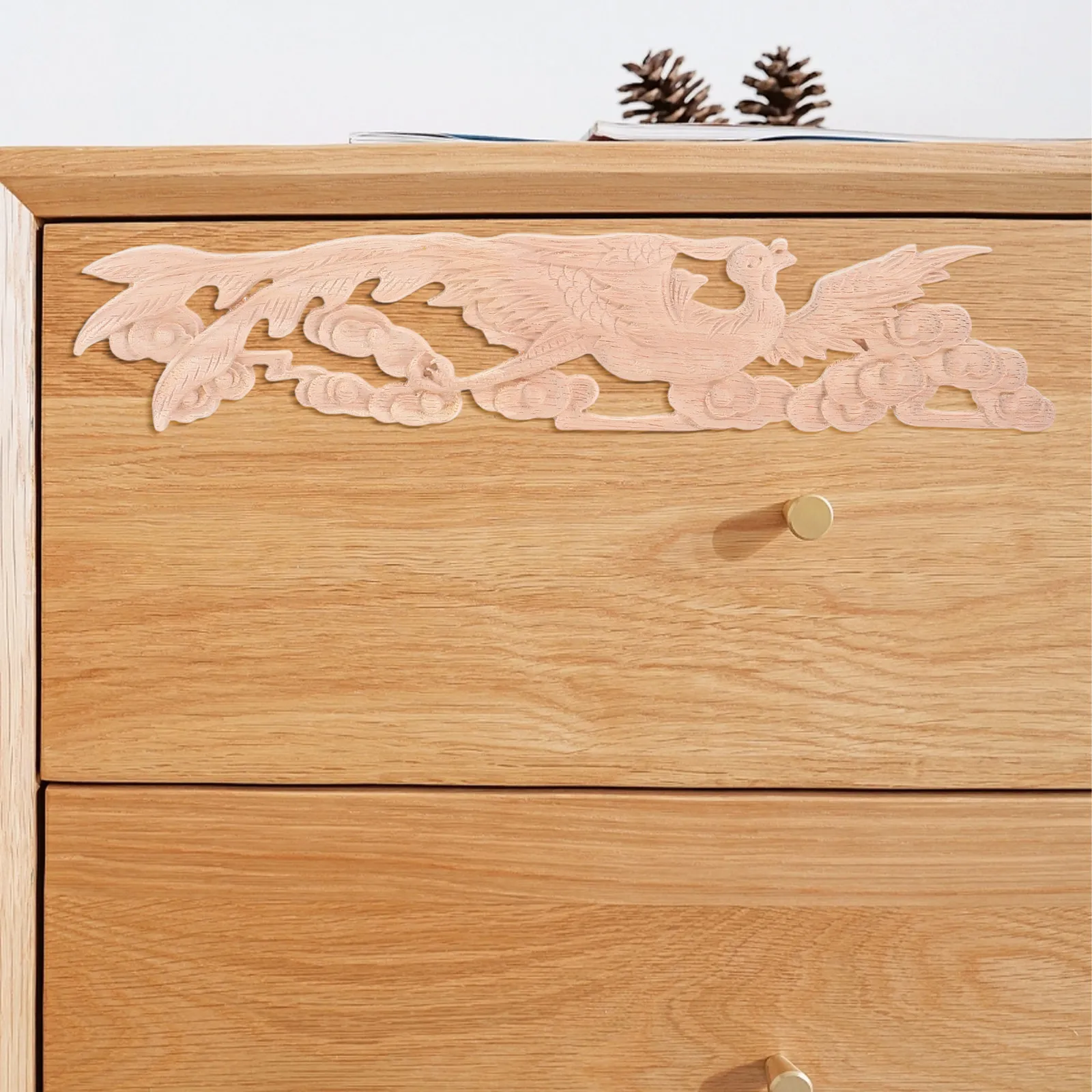 Wood Carved Appliques 2Pcs Dragon Phoenix Decorative Onlay for Cabinet Door Furniture Decor