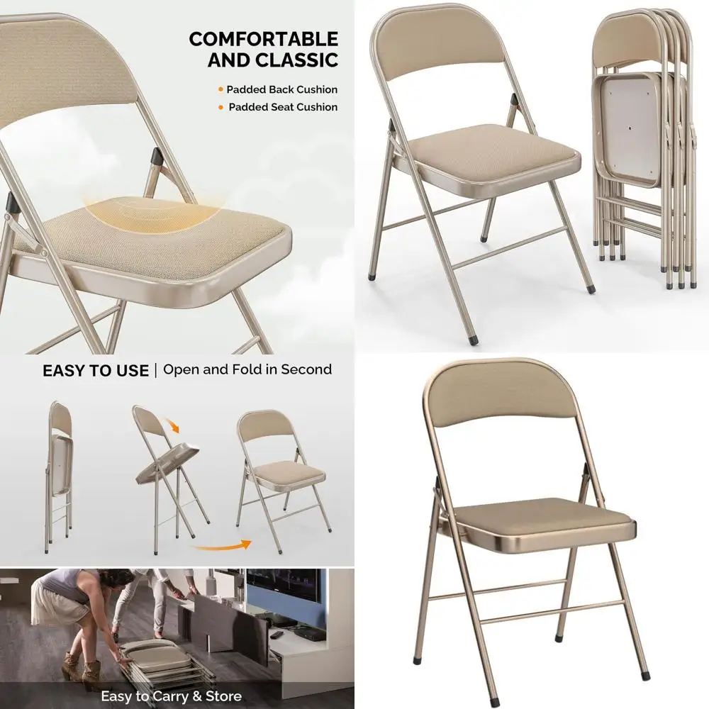 4-Piece Khaki Fabric Padded Metal Dining Chairs, Supports 350 lbs