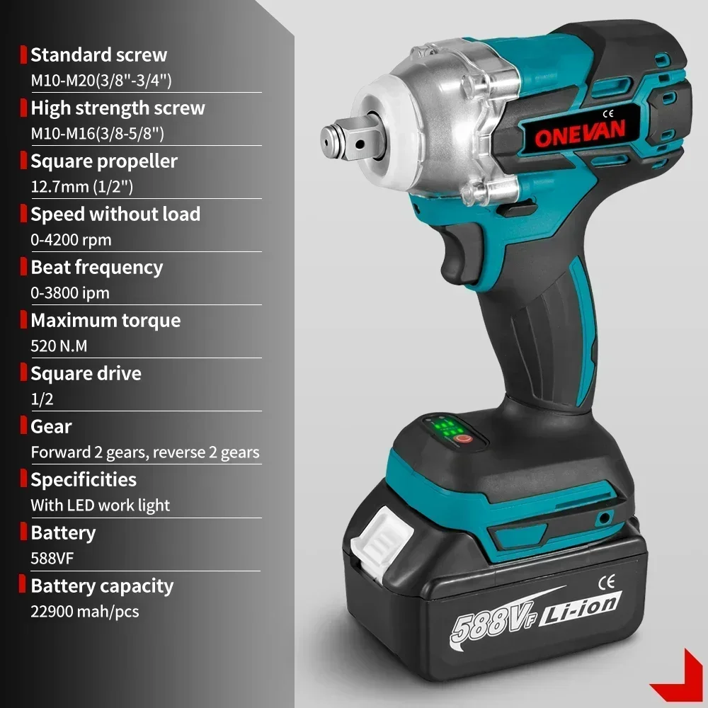 ONEVAN 520N.M Brushless Electric Impact Wrench 1/2 inch Cordless Wrench Screwdriver Repair Power Tool For Makita 18V Battery