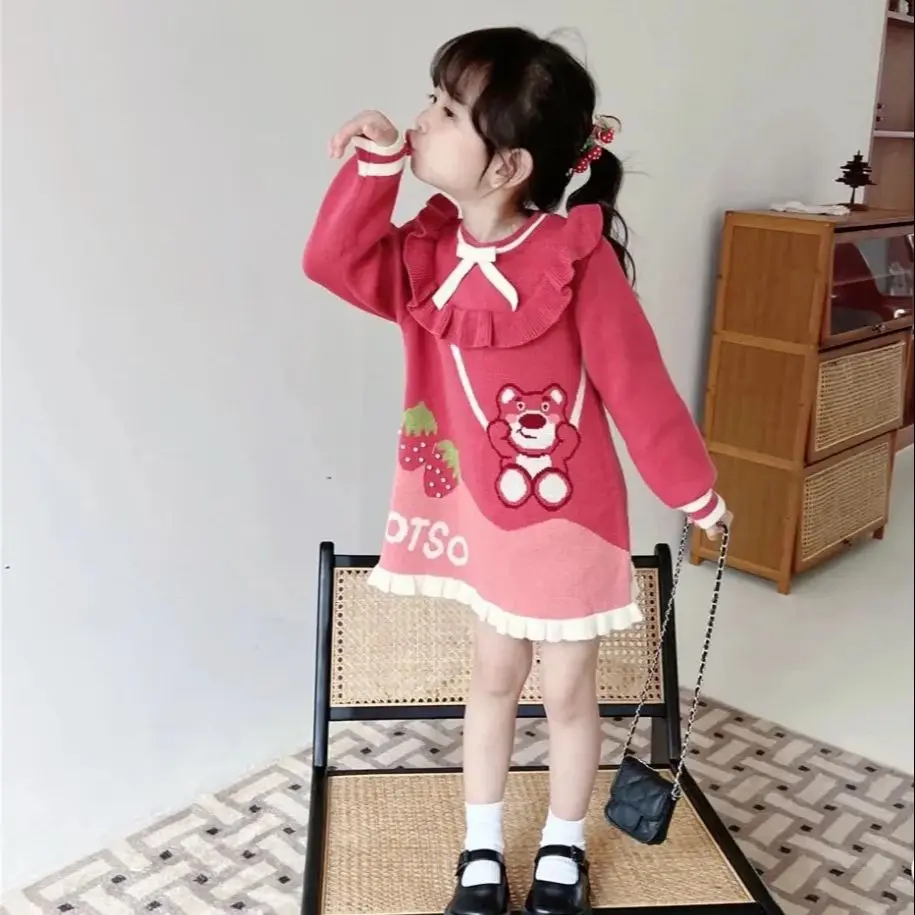

Disney Children's Pink Knitted Dress Autumn New Cute Strawberry Bear Girls' Medium Long Dress Cartoon Ruffle Long Sleeve Dress