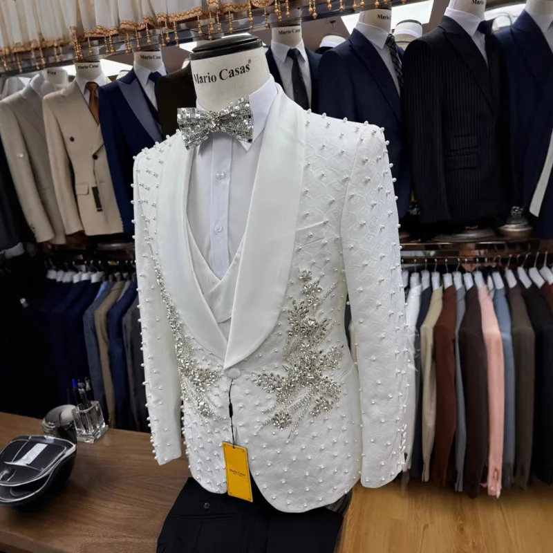 WVGA Spring Autumn New Man Tide Pearl Trendy Long Sleeve Blazer Niche Chic Casual Vest Suit Pants Three-Piece Set Ins Y2K W13526