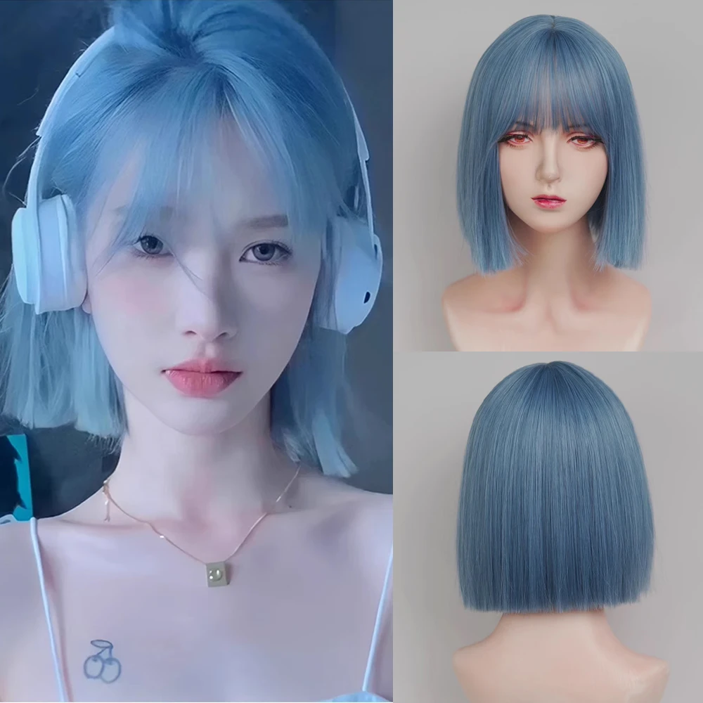 

Synthetic Short Straight Blue Wig with Bangs Natural Fluffy Women Lolita Cosplay Hair Wig for Daily Party