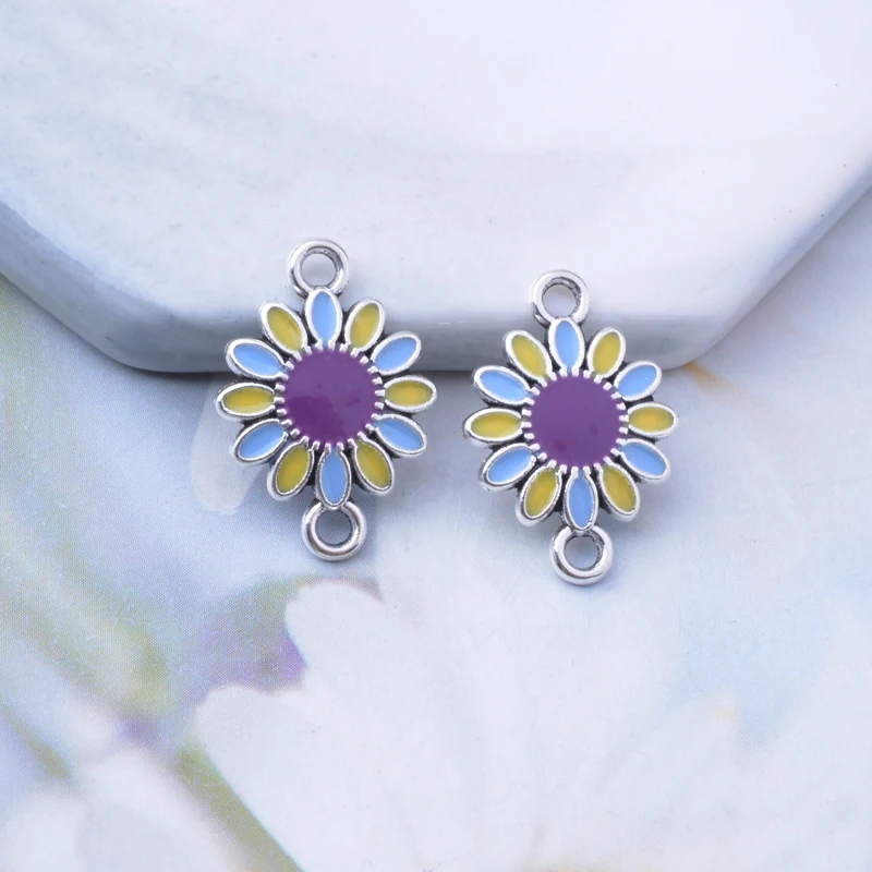 12 Stück Antikgold/Silberfarbene 14*19mm Emaille-Blumen-Ohrringverbinder, Doppelloch-Verbinder, Anhängerbasis-Verbinder – Detail 7