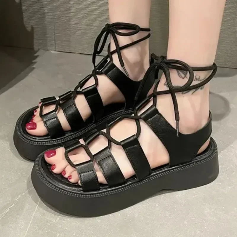 2024 Summer Sandals for Woman Women Solid Colors Lace-up Shoes Fashionable Outdoors Sandals Roman Style Beach Platform Footwear