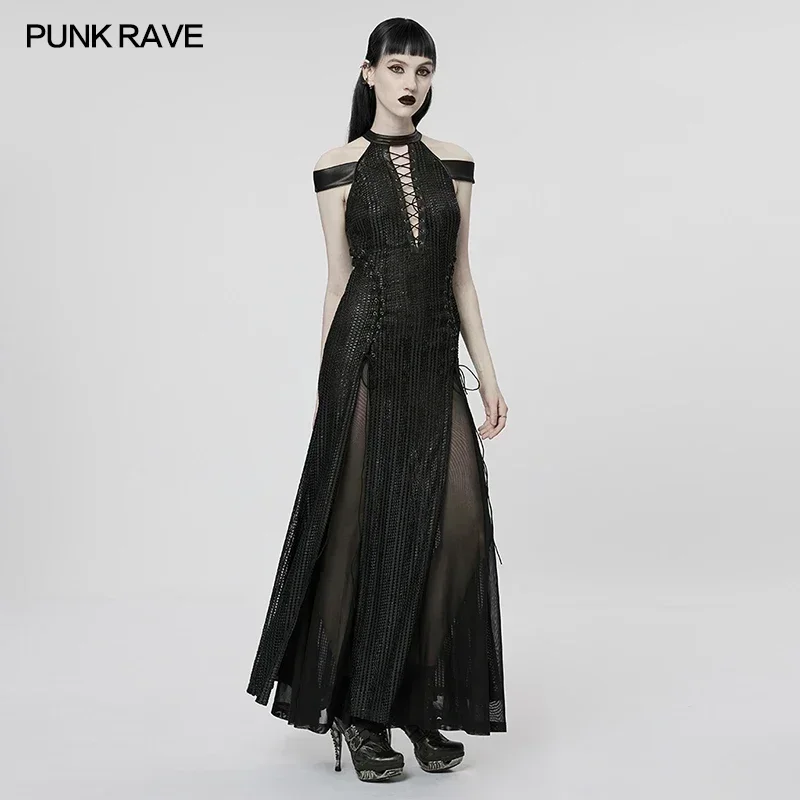 PUNK RAVE Women\'s Elf Gothic Textured Mesh and Chiffon Dress Detachable Cloak Fairy Queen Goddess Sexy Long Dresses