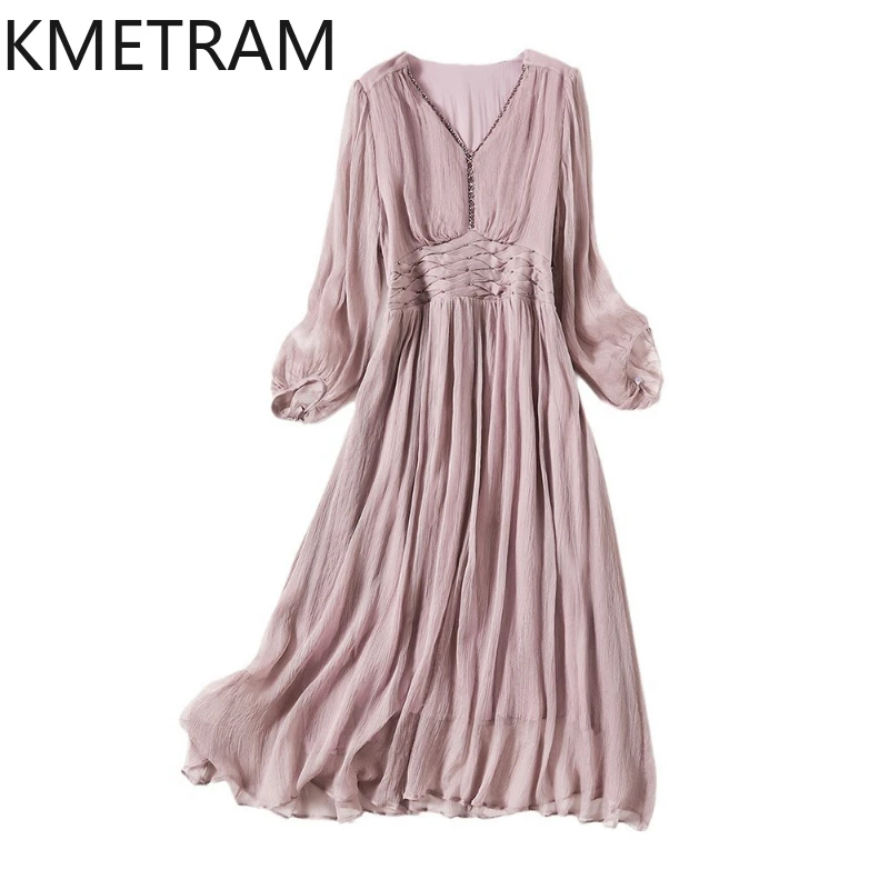 

KMETRAM 100% Natural Mulberry Silk Dresses Woman Summer 2025 Party Long Dress V-neck Beach Frocks Ladies Clothes платье женское