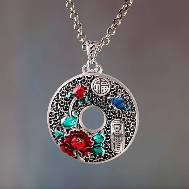 

Vintage National Style Peony Flowers Necklace for Women 925 Silver Colorful Colors Enamel Round Pendant Jewelry Chi-pao Gift