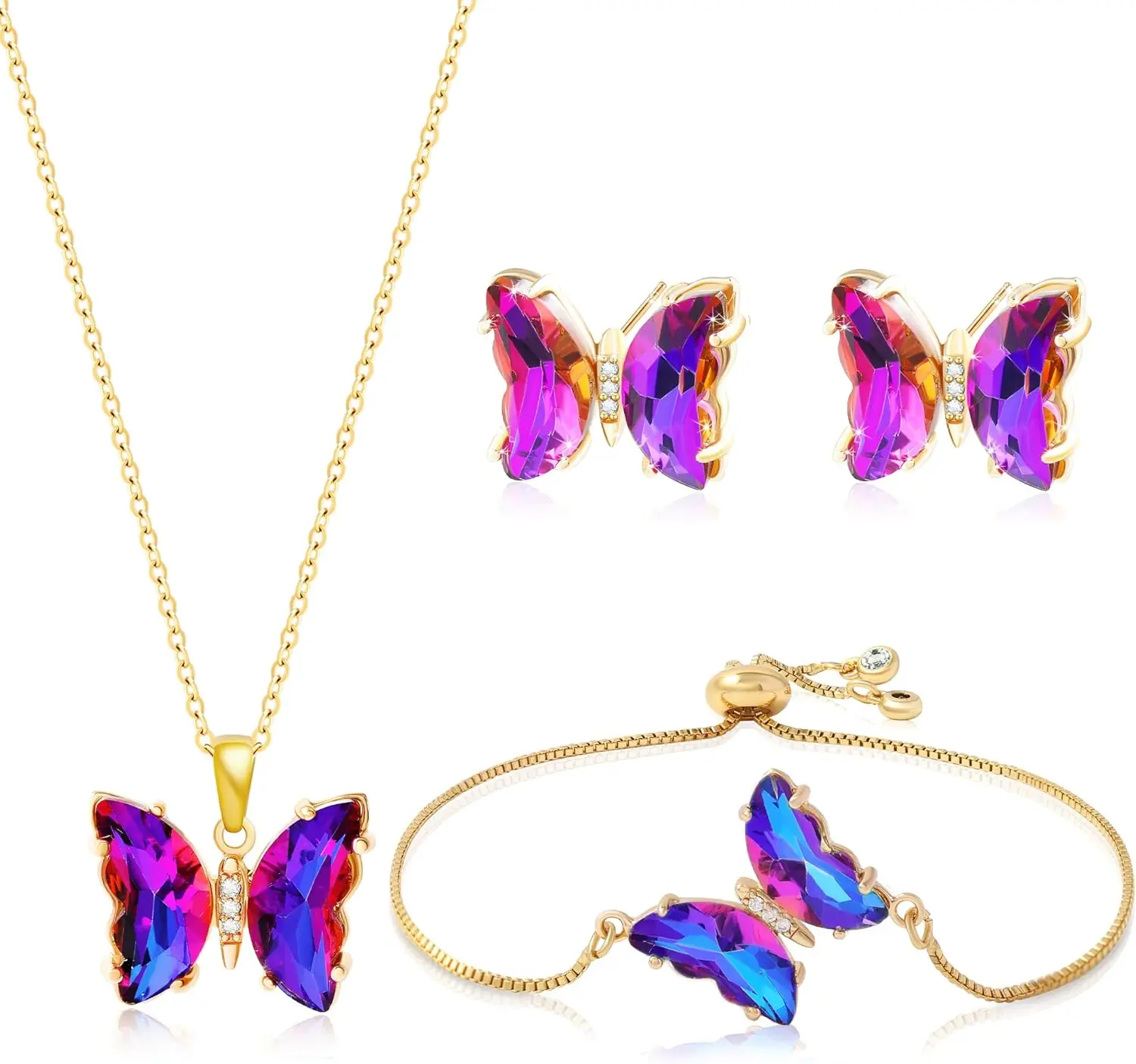 

Набор украшений Miss Right Butterfly Crystal: колье с бабочкой, серьги-гвоздики, браслет-боло, регулируемое кольцо для женщин, переливающийся цвет