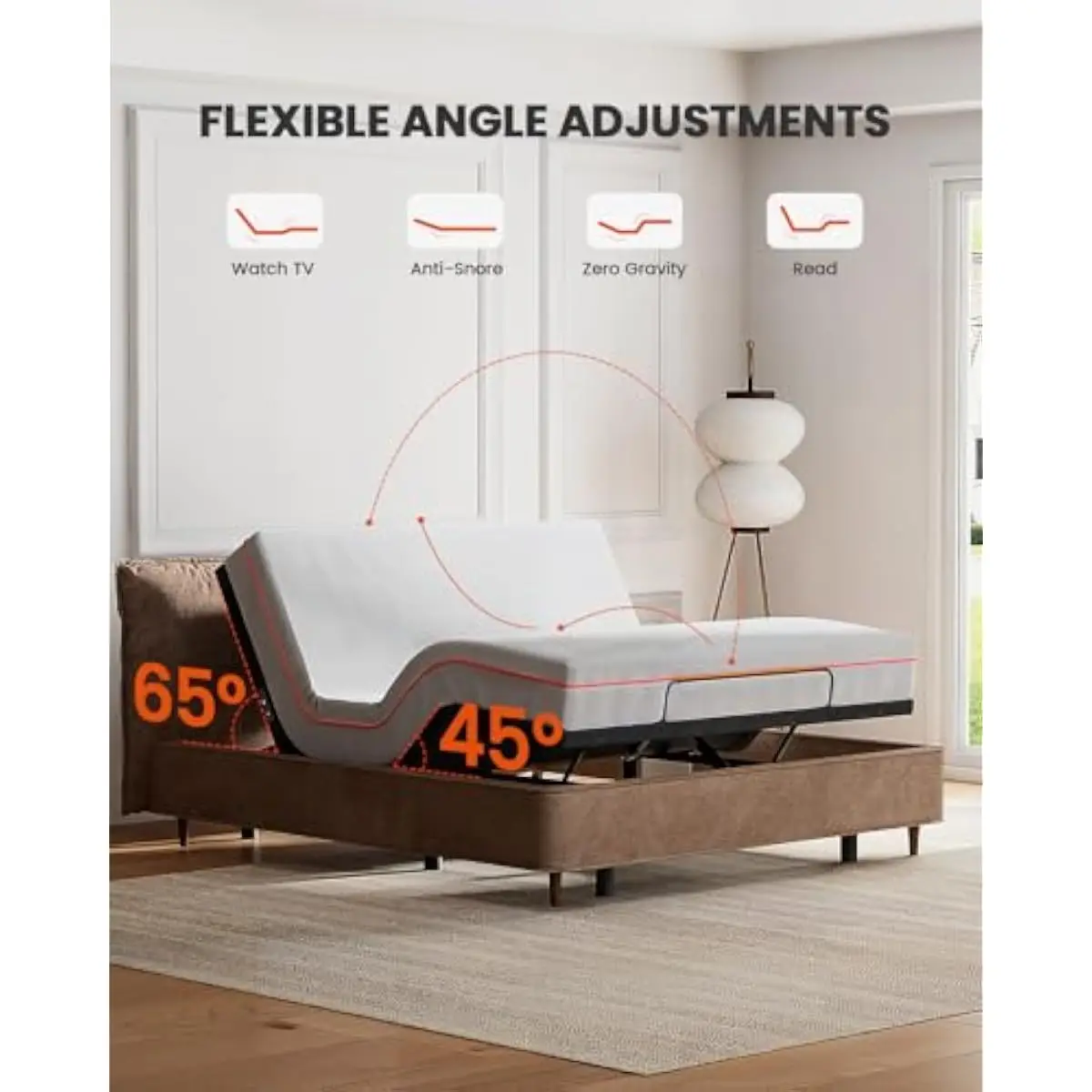 Split King electric bed base with dual USB charging ports LED underlighting head tilt up to 65° foot lift 45° steel construction