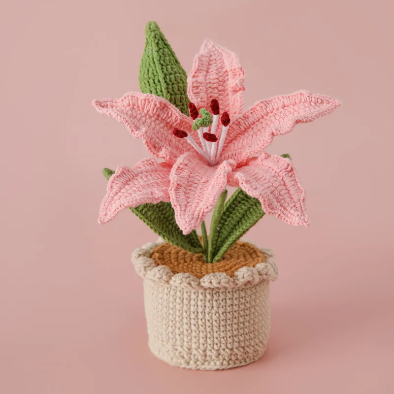 Finished Handmade Yarn Crochet Lily Flower Potted Plant Home Desktop Decoration Birthday Gift Holiday Ornament