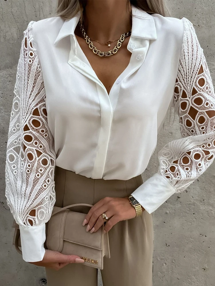 

2025 Spring Office Lady Women White Shirts Long Sleeve Button Up Lace Patchwork Elegant Tops Female Clothing Blouse